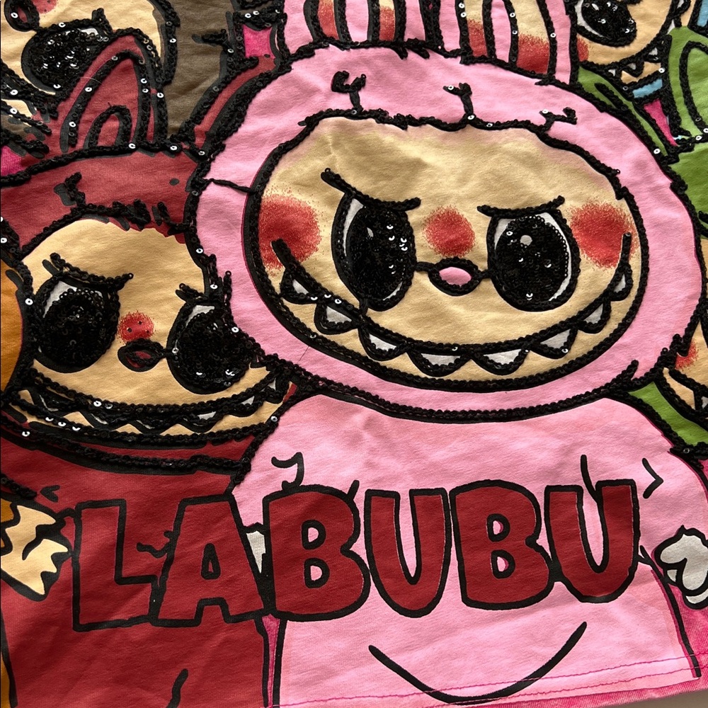 T+Tang Labubu graphic tee sequin pink distressed sh sleeve Unisex OS Plus Size - Picture 3 of 11
